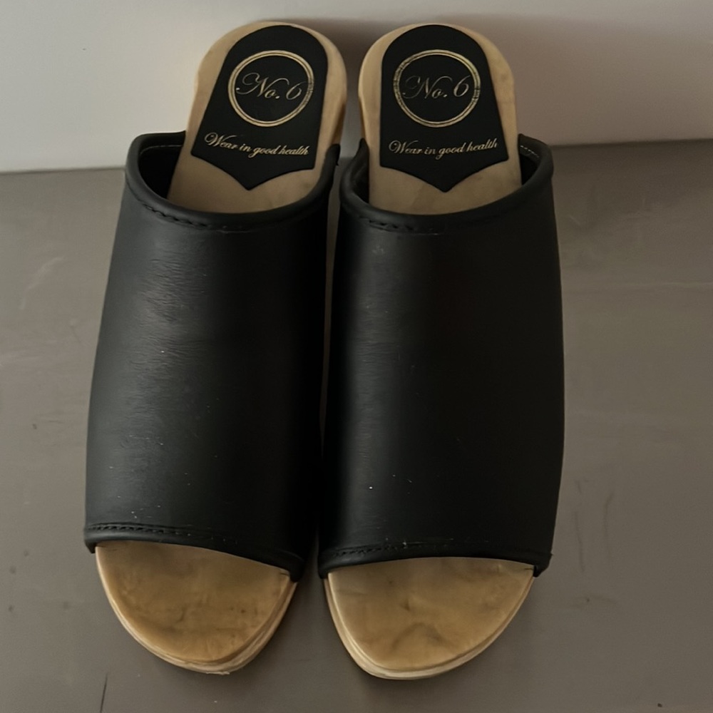 No 6 black leather mid- heel open toe clogs - Picture 2 of 12